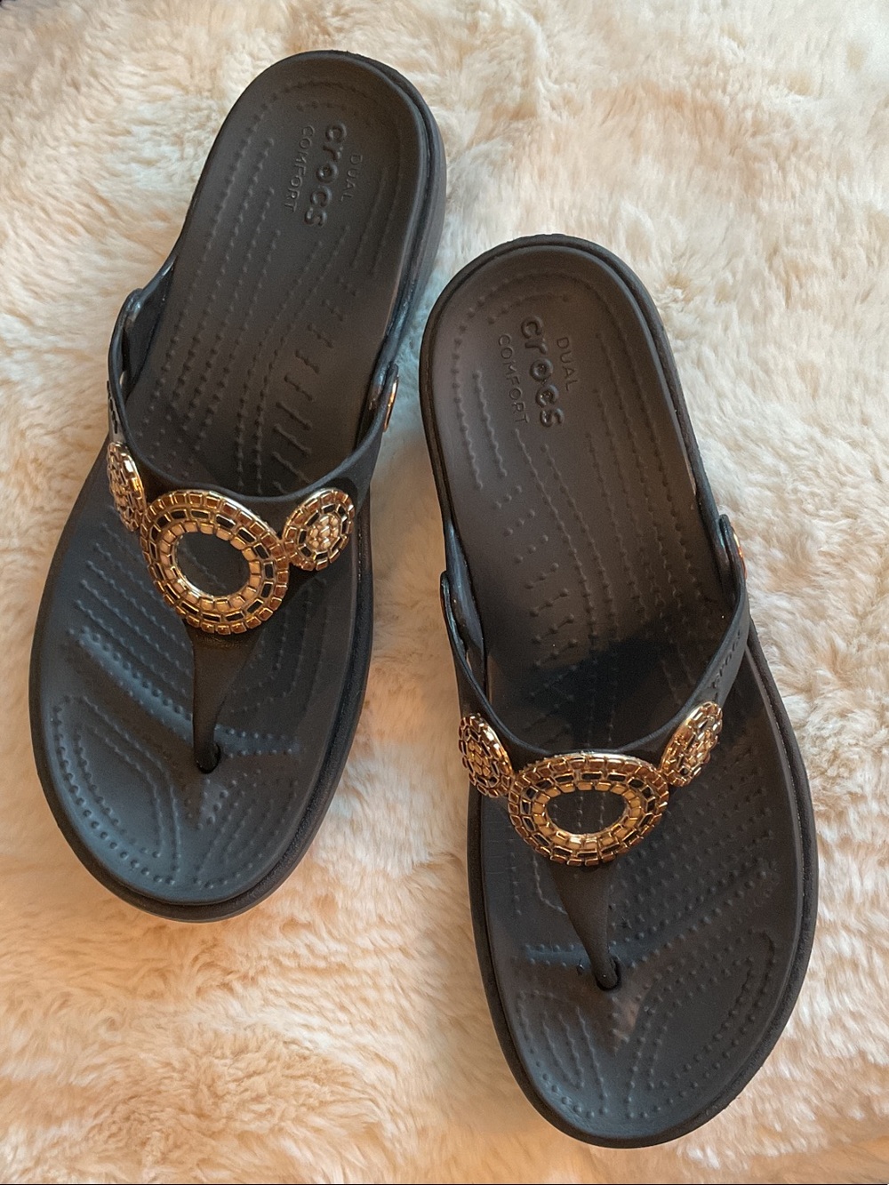 CROCS Sanrah Black Sandals with Gold Tone Decorative Rings